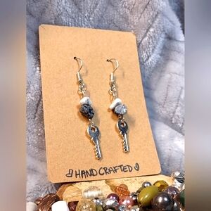 Howlite & Snowflake Obsidian Key Charm Artisan Earrings